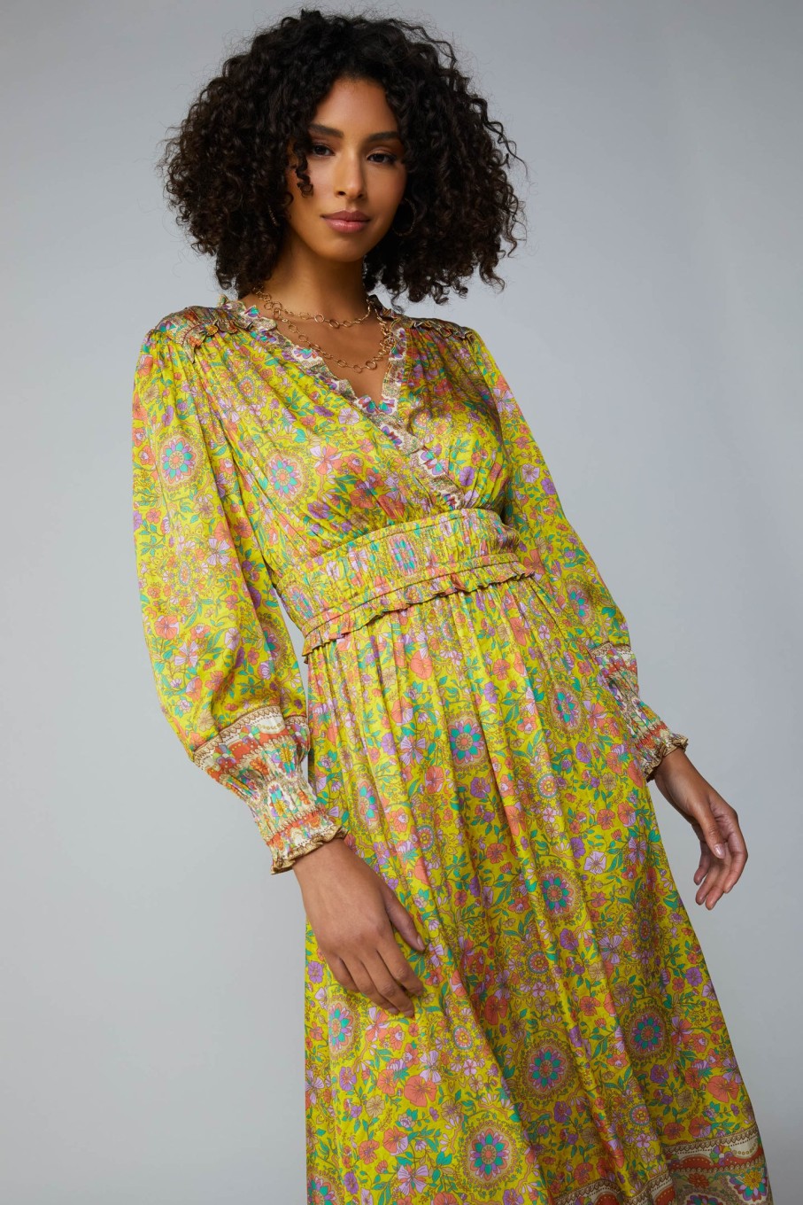 CURRENT AIR Floral Border Print Surplice Midi Dress Midi Dresses