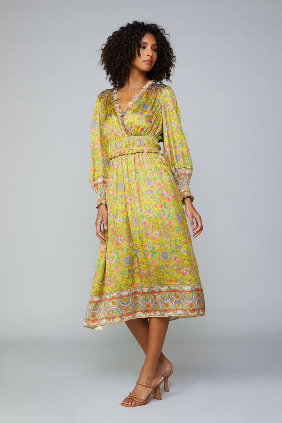 CURRENT AIR Floral Border Print Surplice Midi Dress Midi Dresses