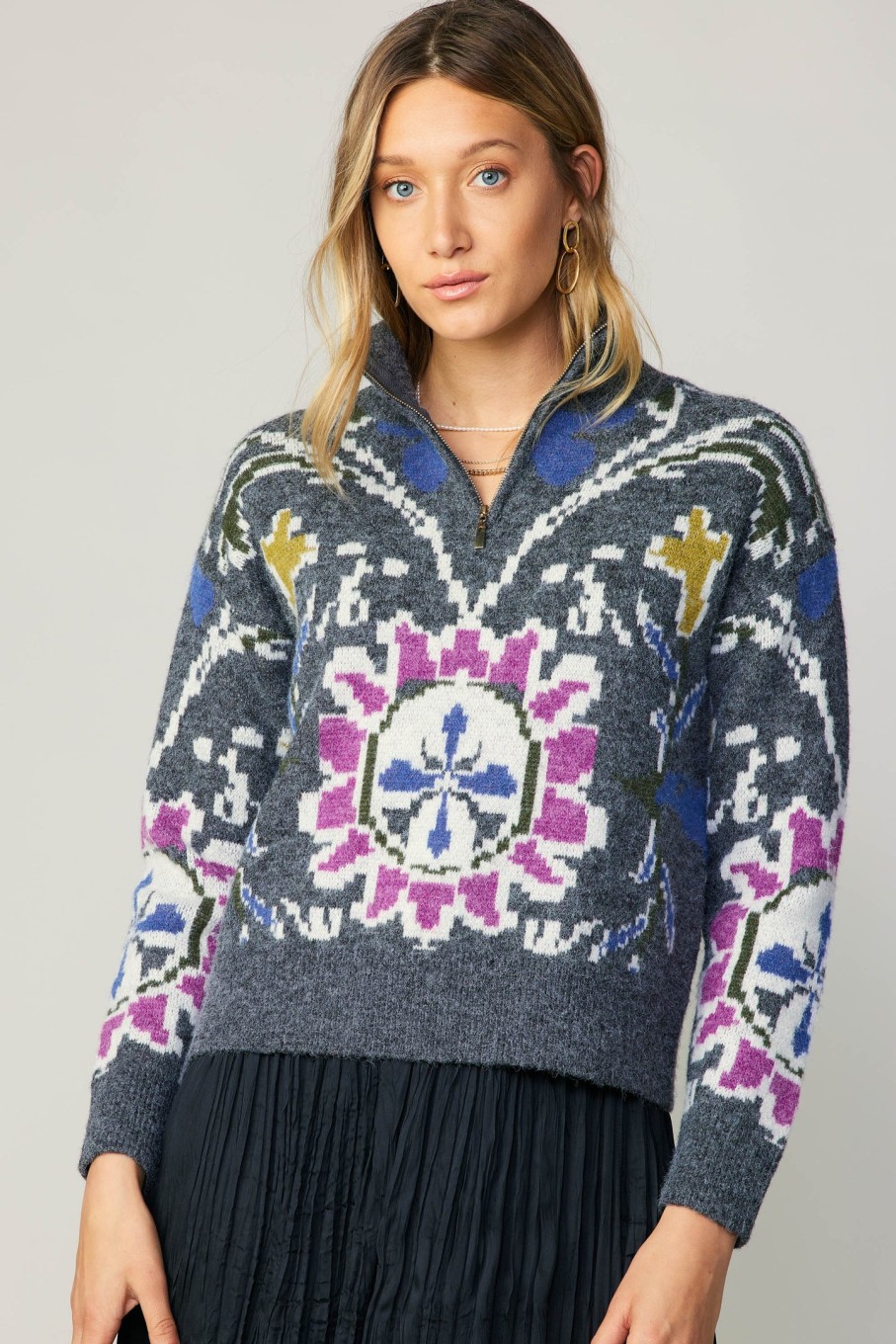CURRENT AIR Jacquard Zip Sweater Knitwear