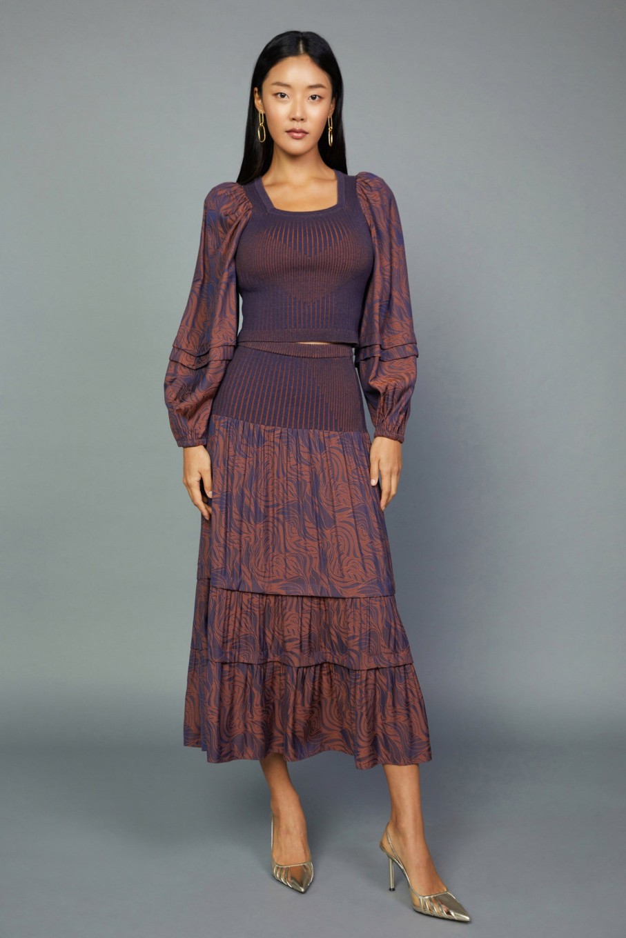 CURRENT AIR Cropped Jacquard Sweater Long Sleeve Tops