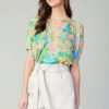 CURRENT AIR Abstract Split Neck Blouse Short Sleeve Tops