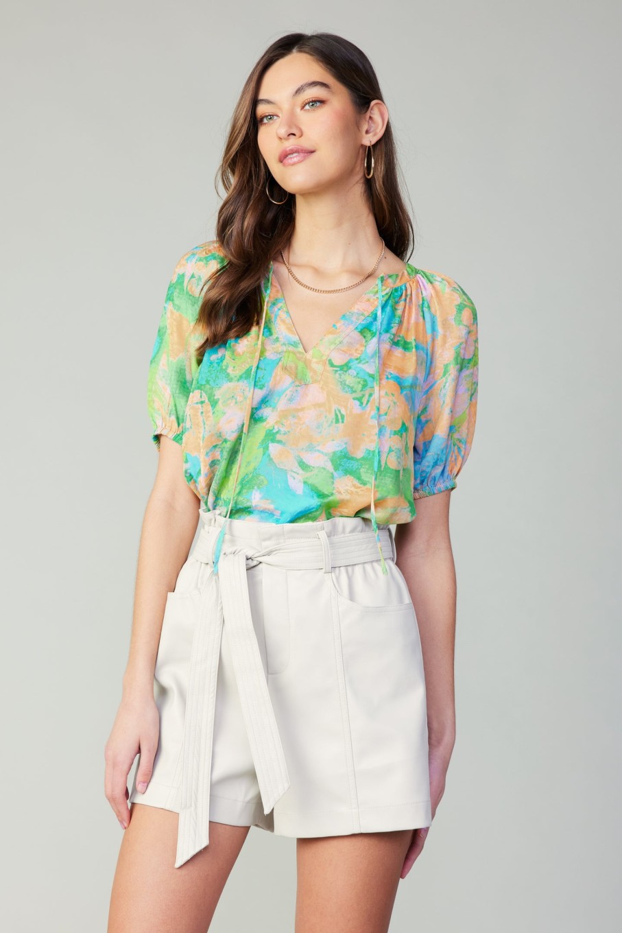 CURRENT AIR Abstract Split Neck Blouse Short Sleeve Tops