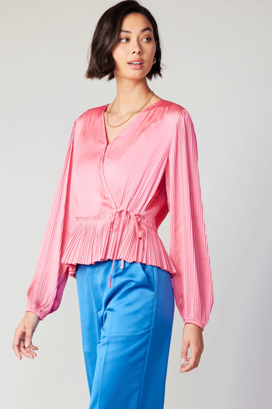 CURRENT AIR Pleated Wrap Top Long Sleeve Tops
