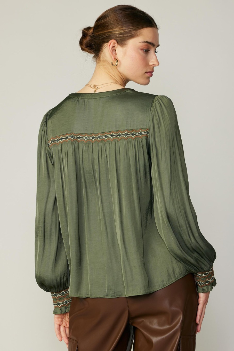 CURRENT AIR Santa Fe Embroidered Blouse Long Sleeve Tops