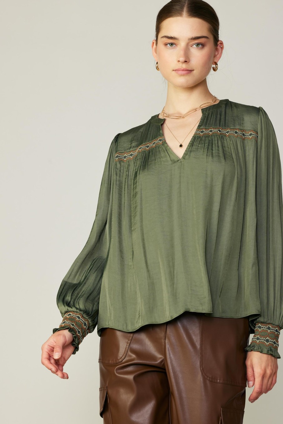 CURRENT AIR Santa Fe Embroidered Blouse Long Sleeve Tops