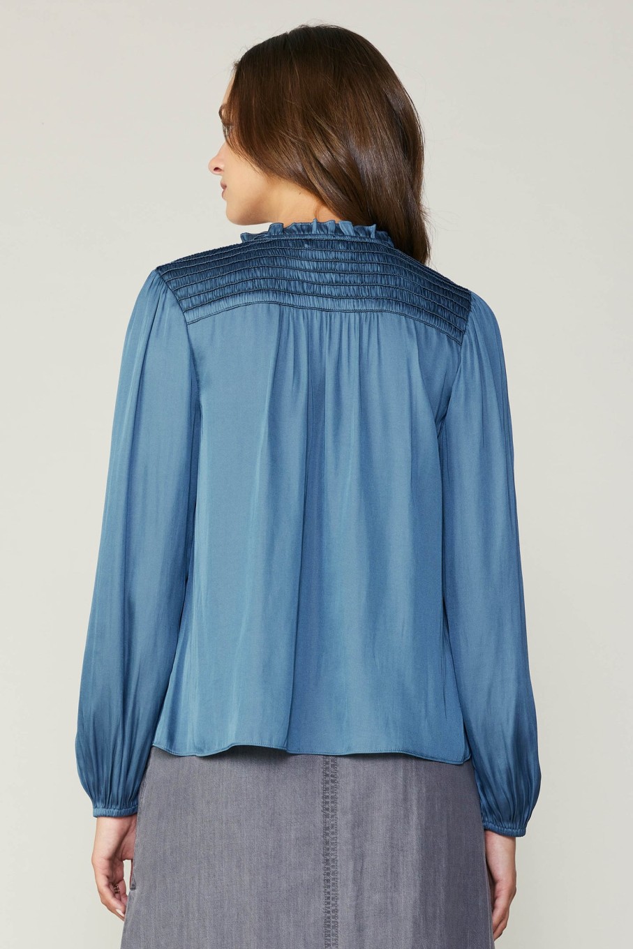 CURRENT AIR Smocked Yoke Blouse Long Sleeve Tops
