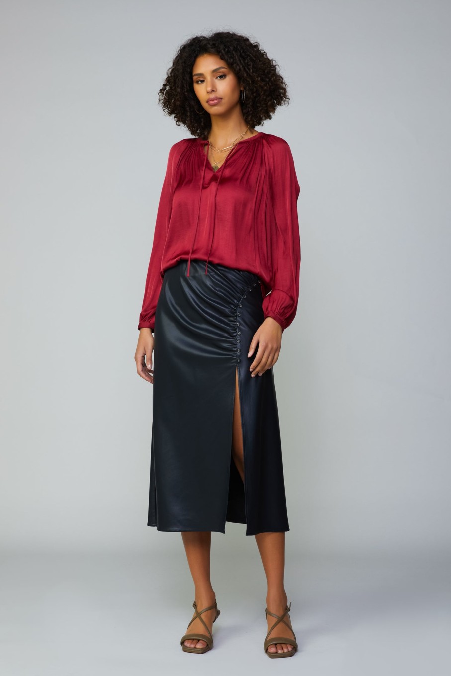 CURRENT AIR Gathered Splitneck Blouse Long Sleeve Tops