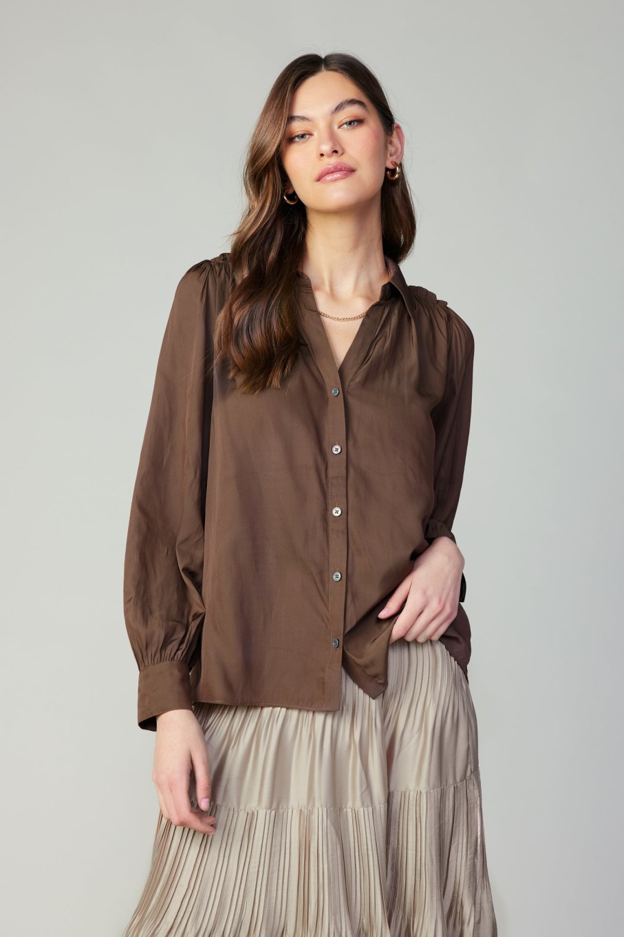 CURRENT AIR Split Neck Buttoned Shirt Long Sleeve Tops