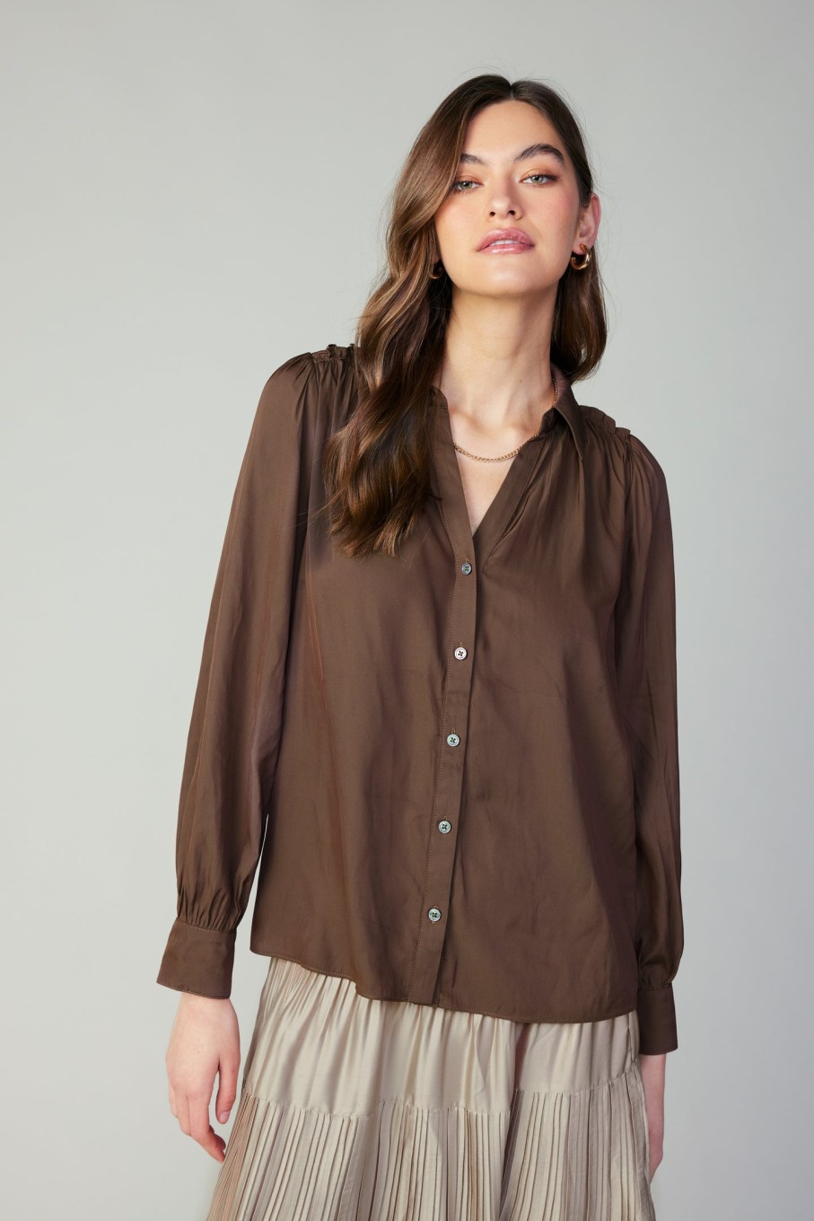 CURRENT AIR Split Neck Buttoned Shirt Long Sleeve Tops