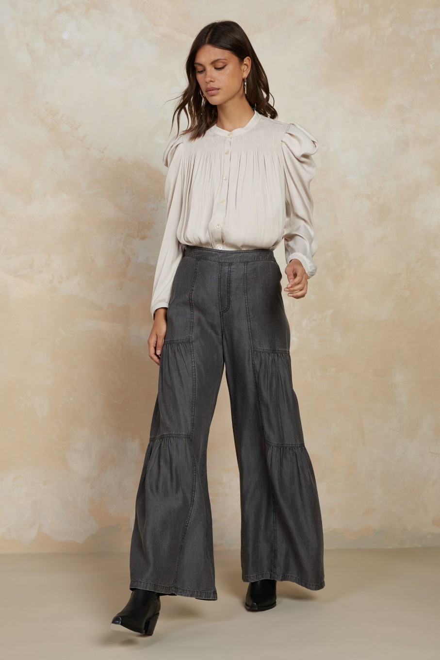 CURRENT AIR Smocked Split Neck Blouse Blouses