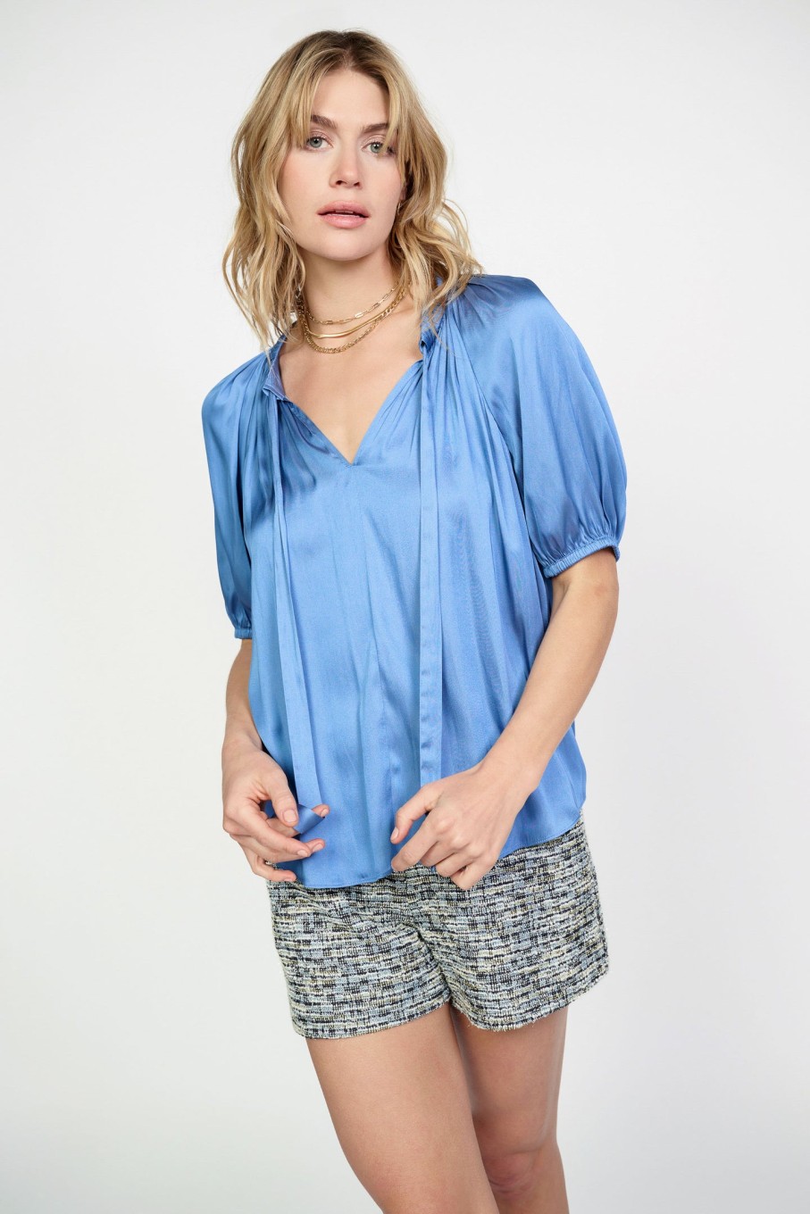 CURRENT AIR Tie Neck Short Sleeve Top Blouses