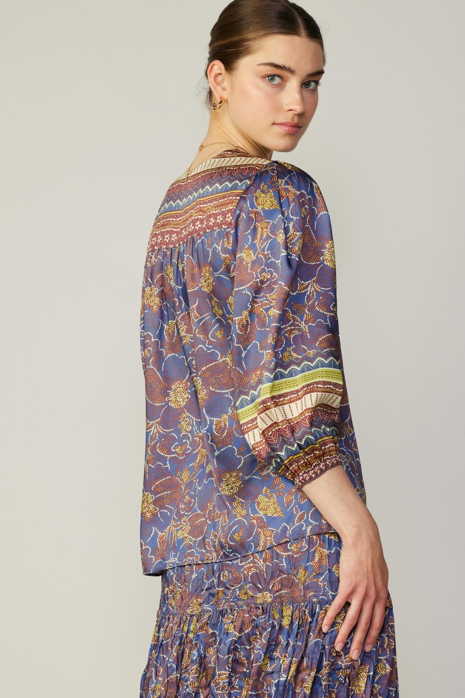 CURRENT AIR Floral Border Print Top Long Sleeve Tops
