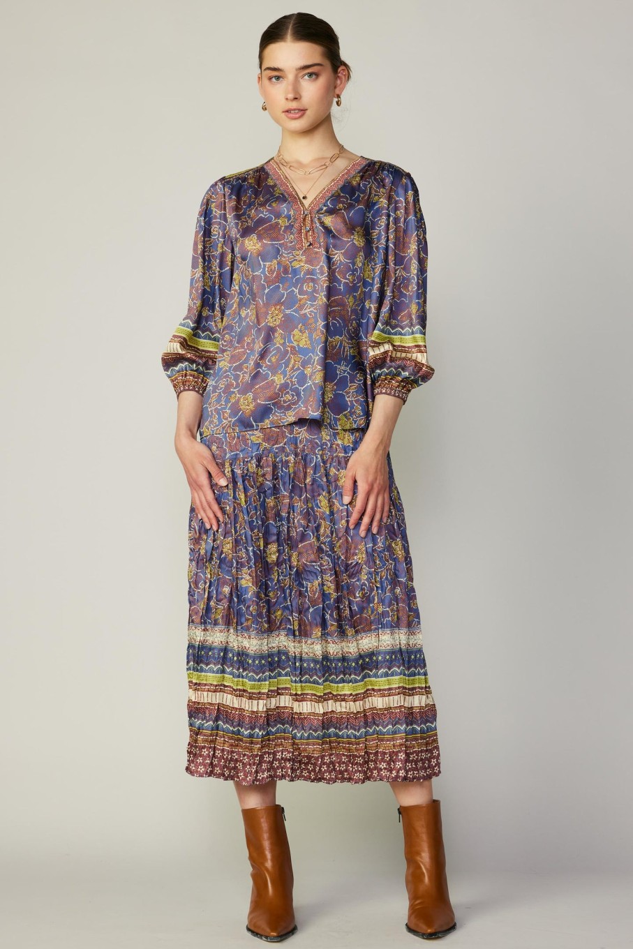 CURRENT AIR Floral Border Print Top Long Sleeve Tops