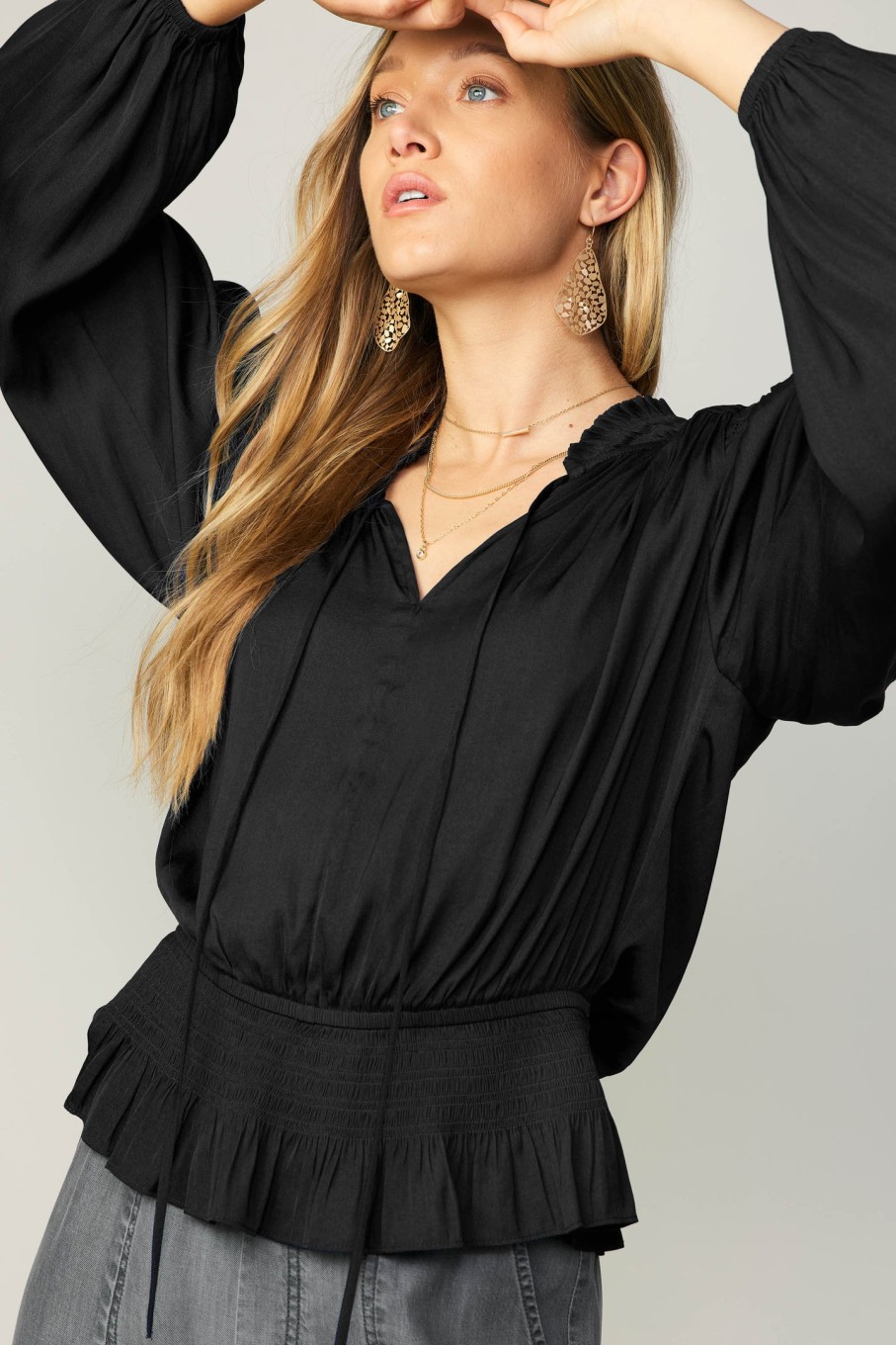 CURRENT AIR Peplum Collared Blouse Long Sleeve Tops