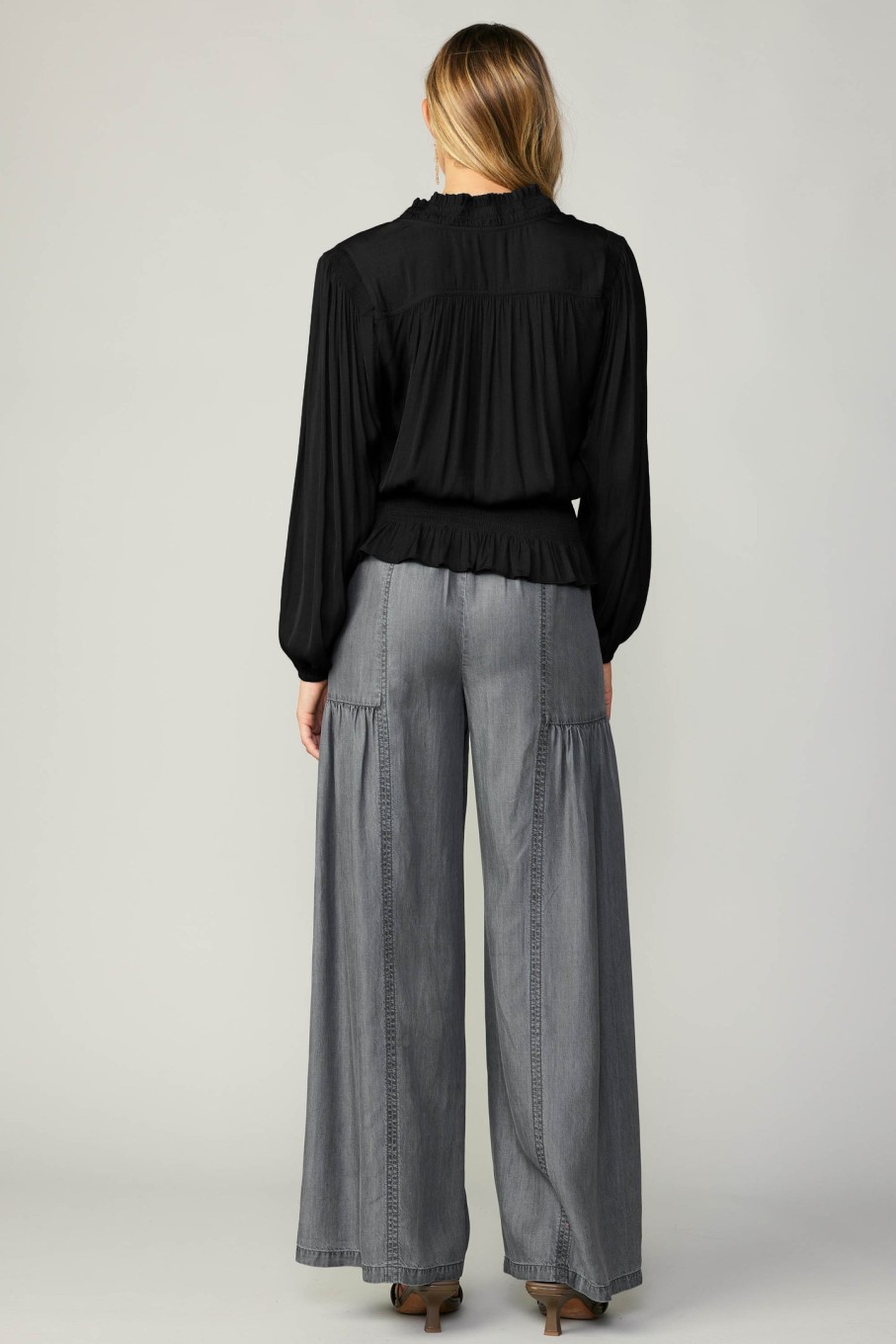 CURRENT AIR Peplum Collared Blouse Long Sleeve Tops