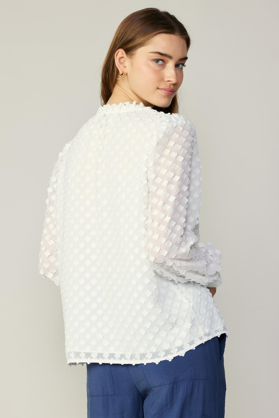 CURRENT AIR Textured Floral Jacquard Blouse Long Sleeve Tops