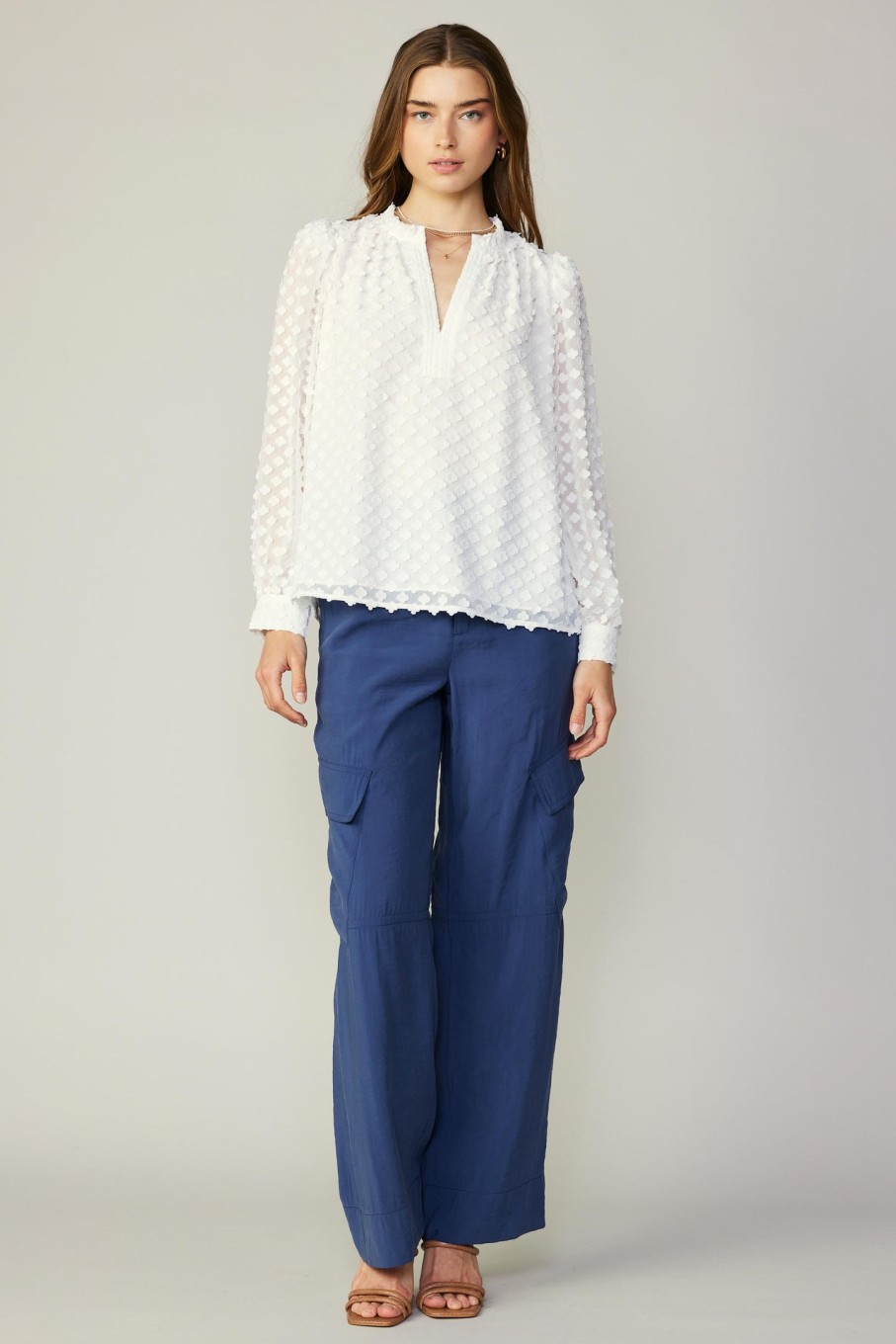 CURRENT AIR Textured Floral Jacquard Blouse Long Sleeve Tops
