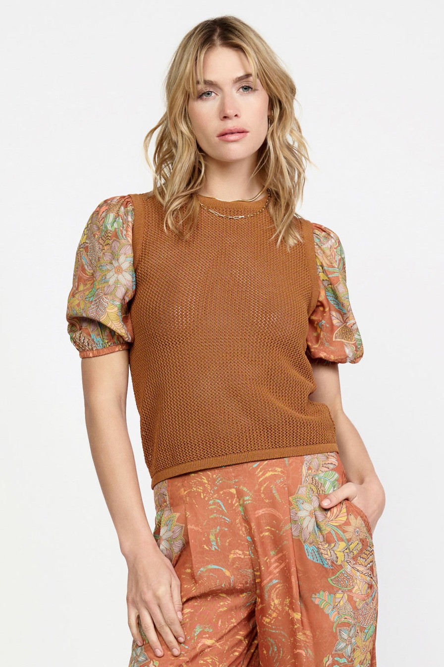 CURRENT AIR Contrast Sleeve Retro Knit Top Blouses