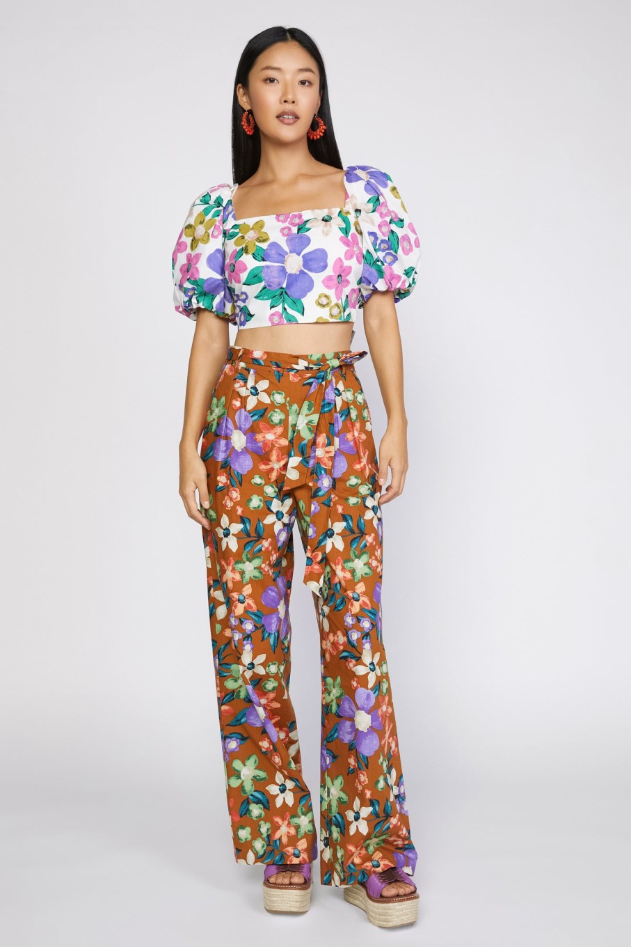 CURRENT AIR Floral Puffed Sleeve Crop Top Short Sleeve Tops