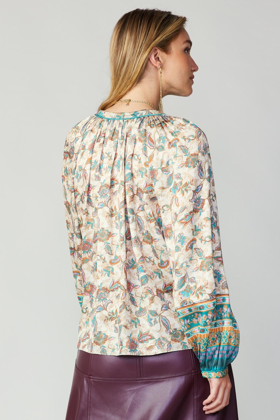 CURRENT AIR Autumnal Border Print Blouse Long Sleeve Tops