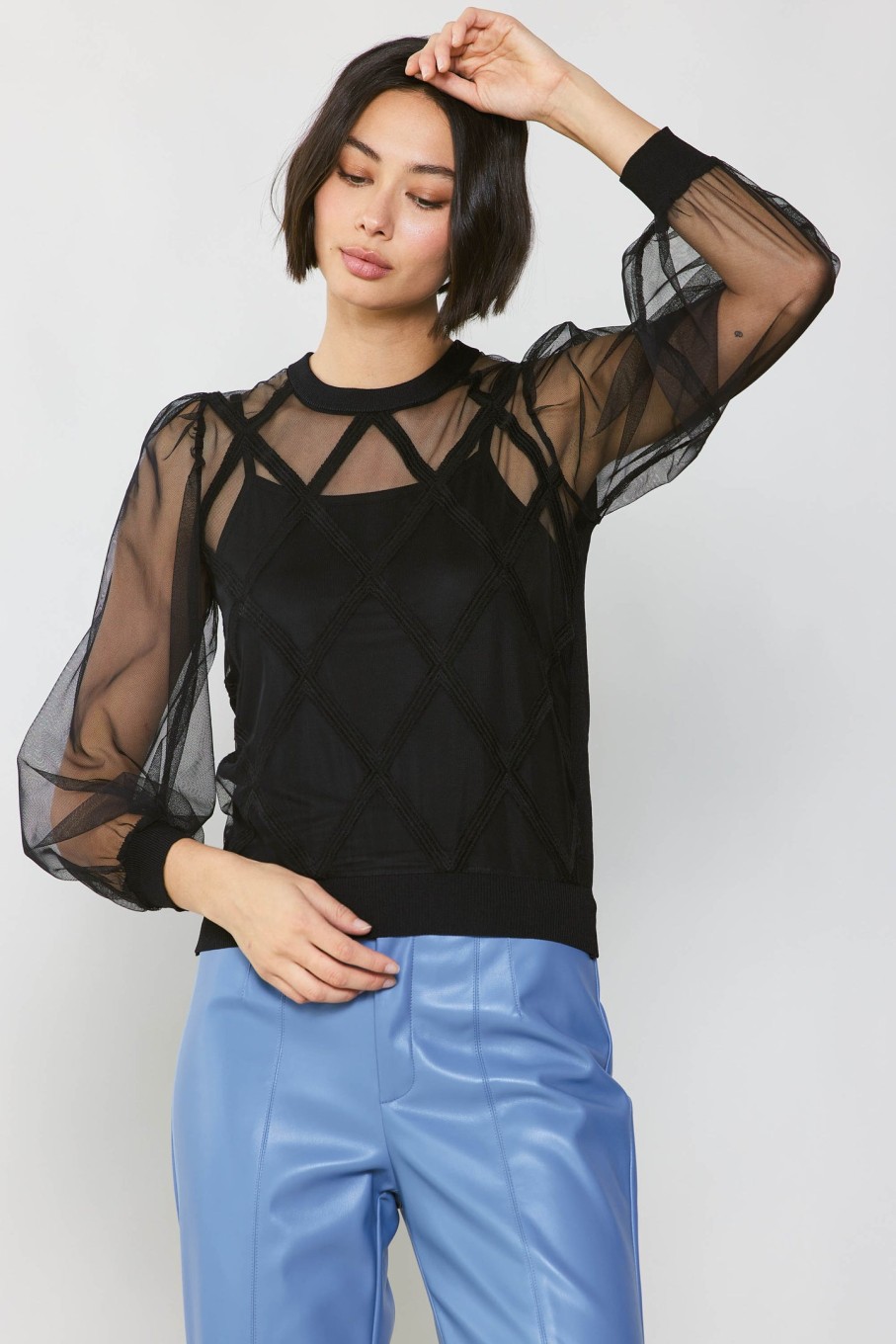 CURRENT AIR Sheer Crosshatch Cami-Lined Top Sweaters