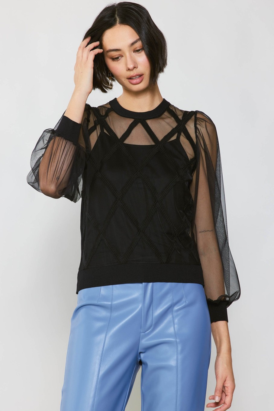 CURRENT AIR Sheer Crosshatch Cami-Lined Top Sweaters