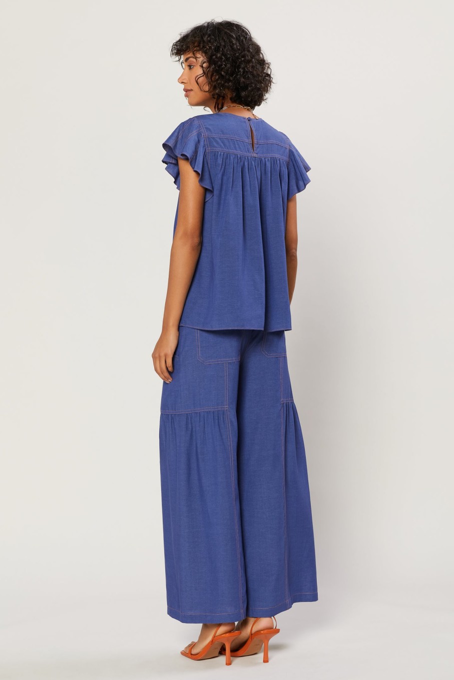 CURRENT AIR Indigo Ruffled Sleeve Top Blouses