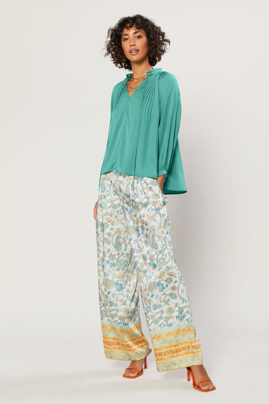 CURRENT AIR Pleated Split Neck Top Blouses