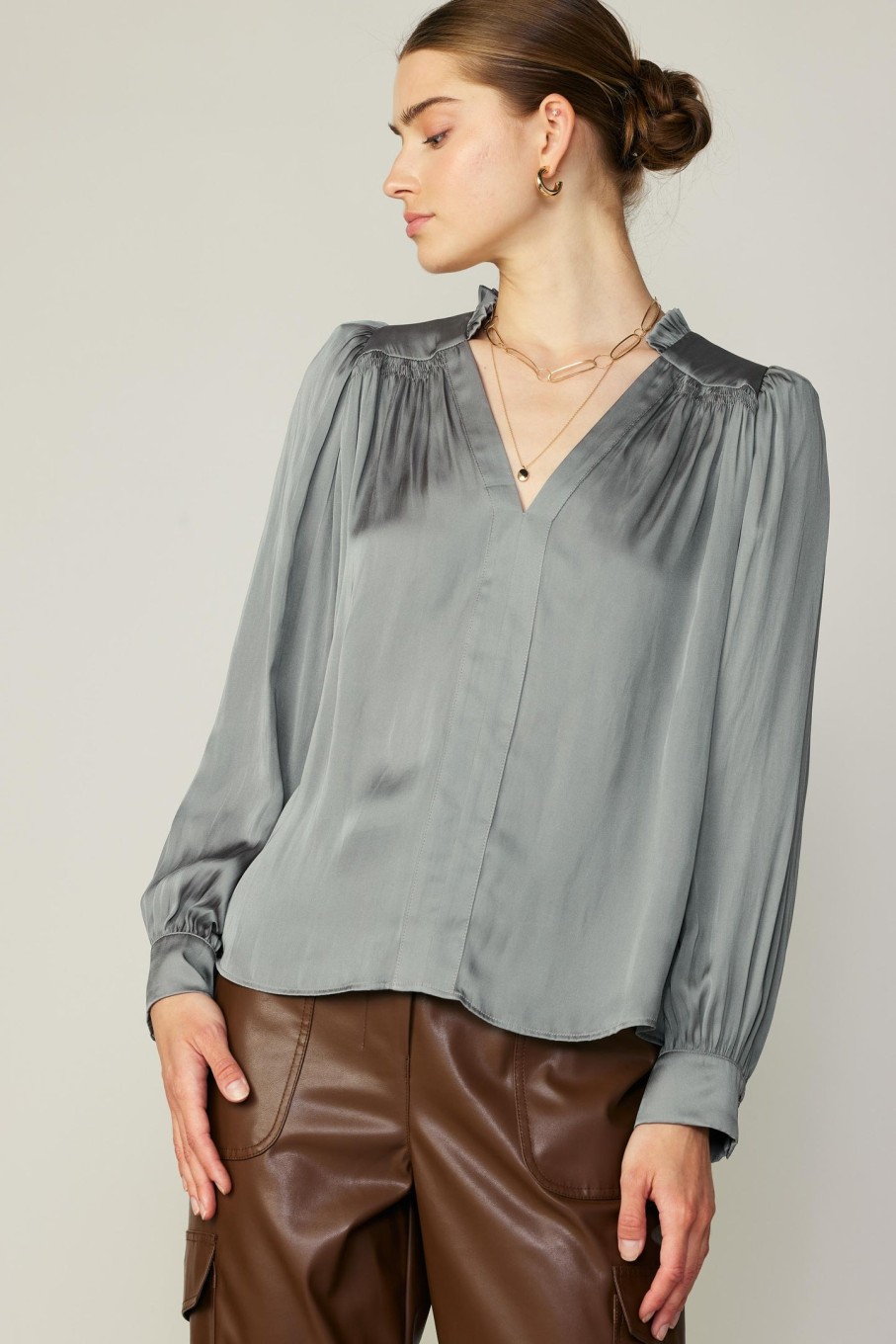CURRENT AIR Smocked Shoulder Cuffed Blouse Long Sleeve Tops