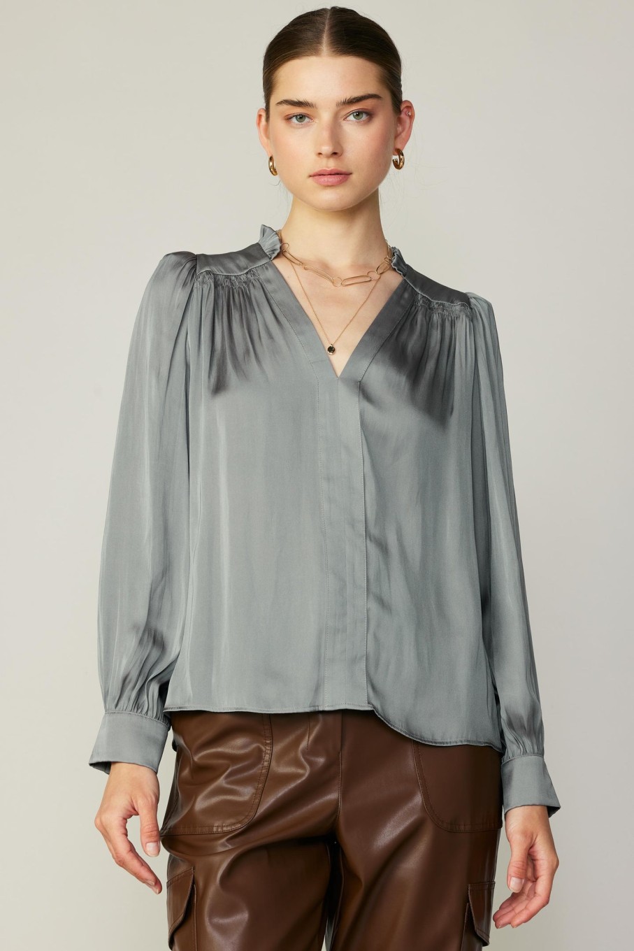 CURRENT AIR Smocked Shoulder Cuffed Blouse Long Sleeve Tops