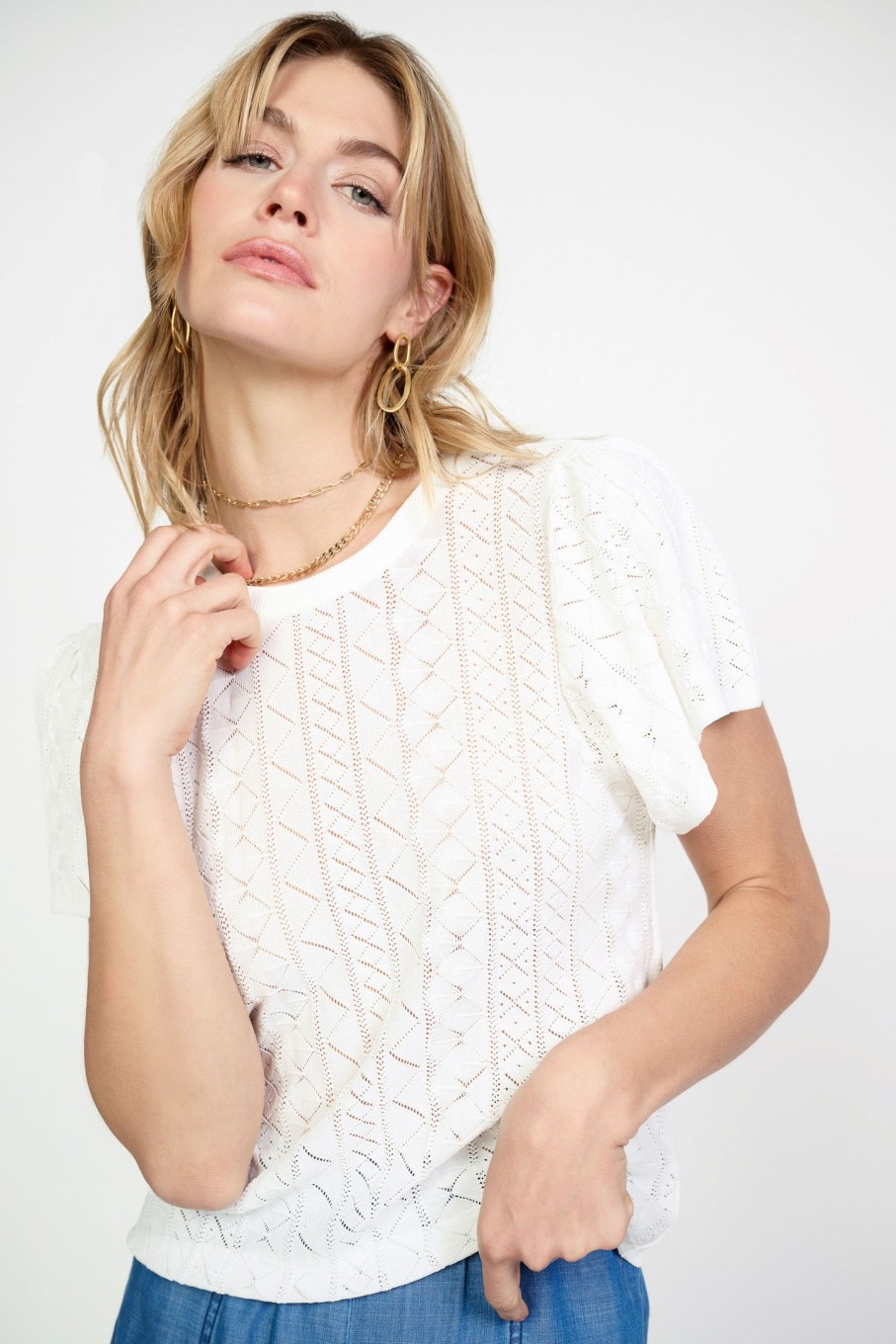 CURRENT AIR Pointelle Knit Sweater Top Short Sleeve Tops