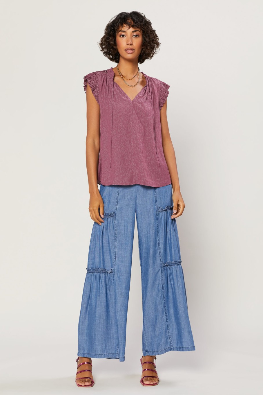 CURRENT AIR Margot Jacquard Pleated Sleeve Blouse Sleeveless Tops