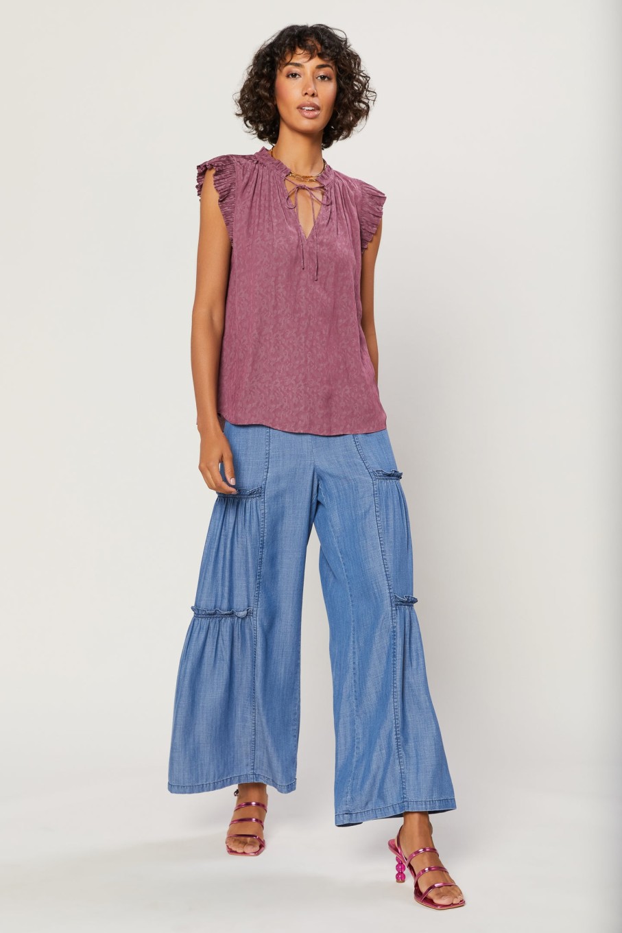 CURRENT AIR Margot Jacquard Pleated Sleeve Blouse Sleeveless Tops