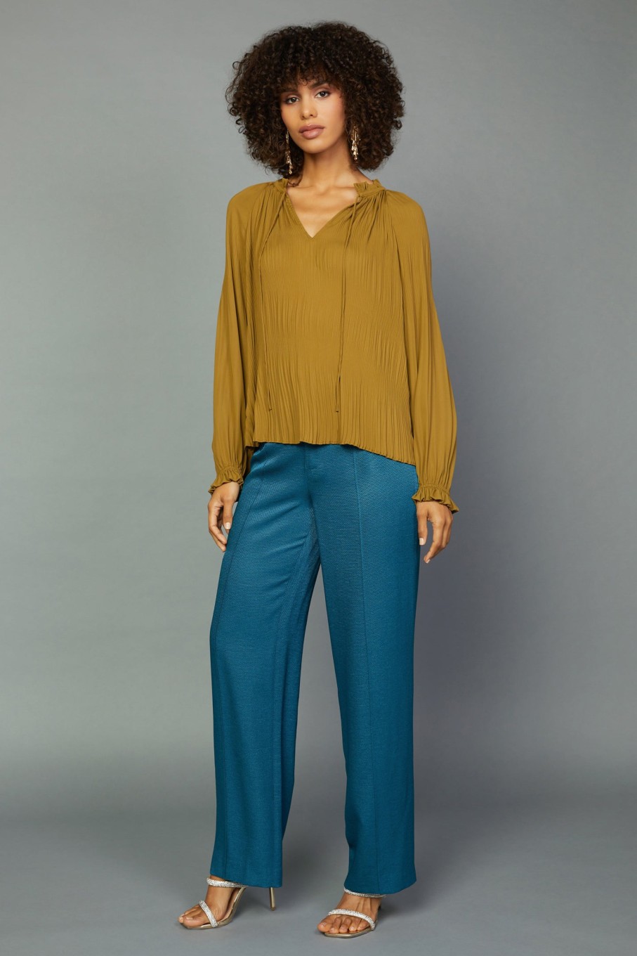 CURRENT AIR Charlotte Pleated Blouse Long Sleeve Tops