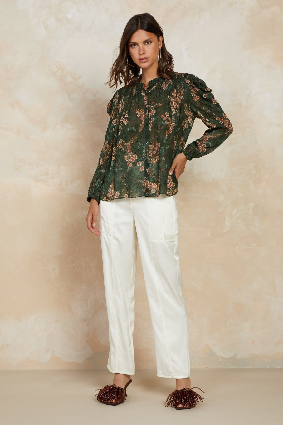 CURRENT AIR Forest Floral Split Neck Blouse Long Sleeve Tops