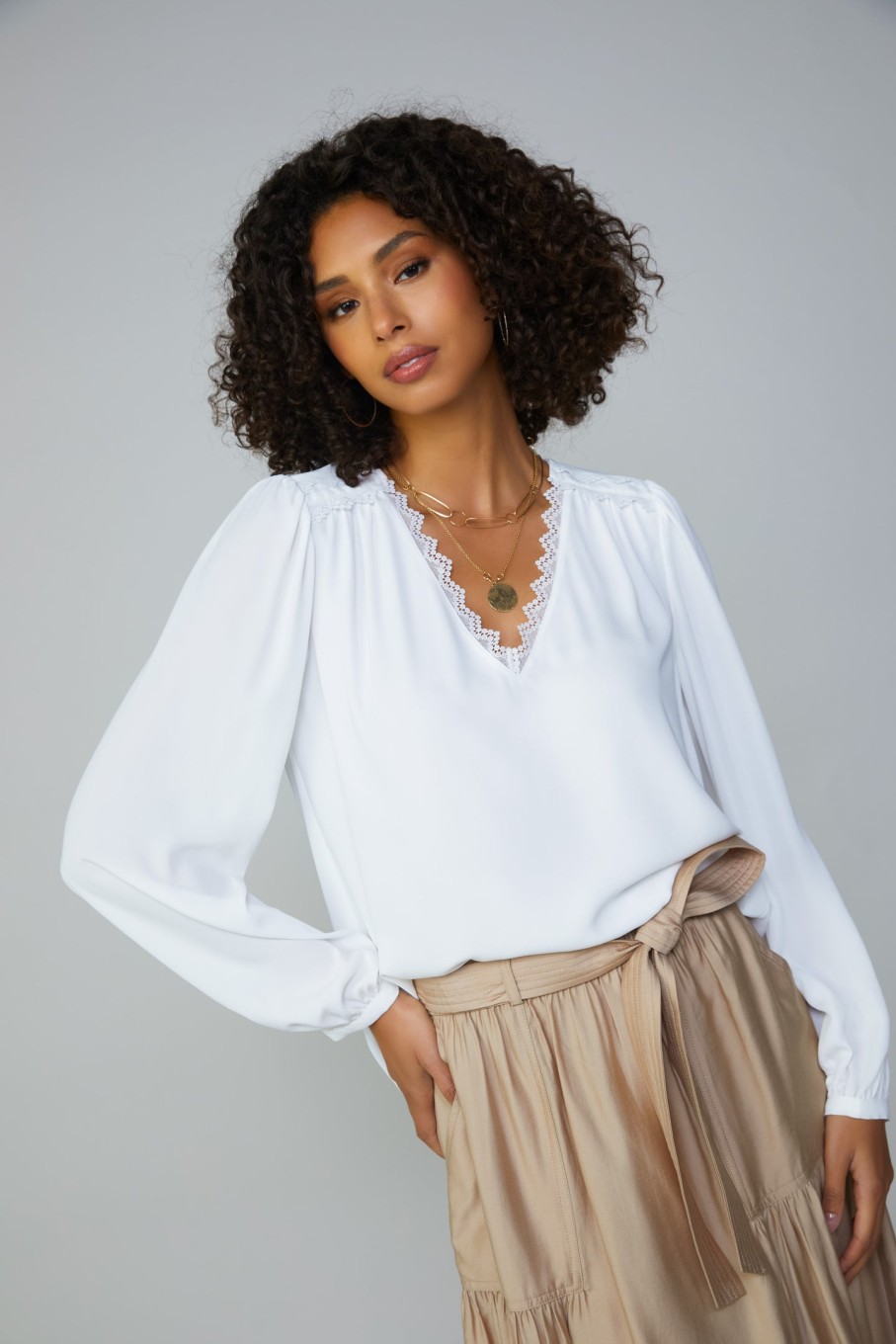 CURRENT AIR Lace Trim Blouse Long Sleeve Tops