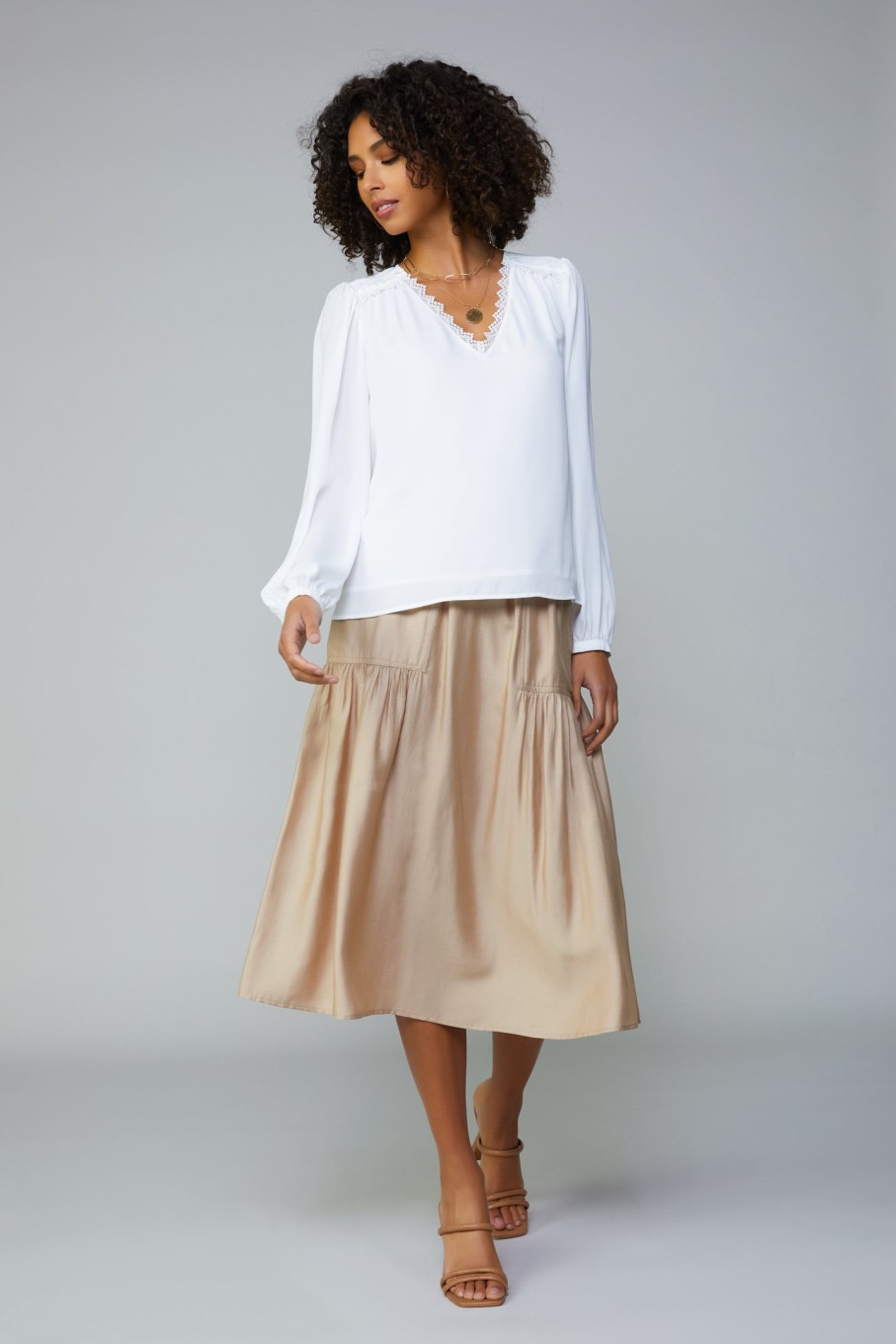 CURRENT AIR Lace Trim Blouse Long Sleeve Tops