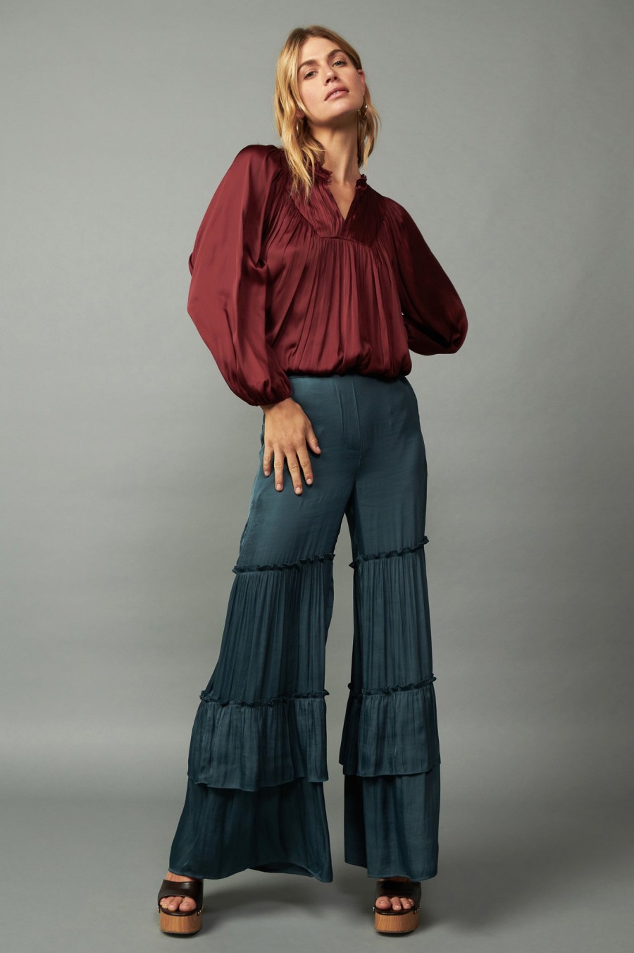 CURRENT AIR Yoke Shirred Blouse Long Sleeve Tops