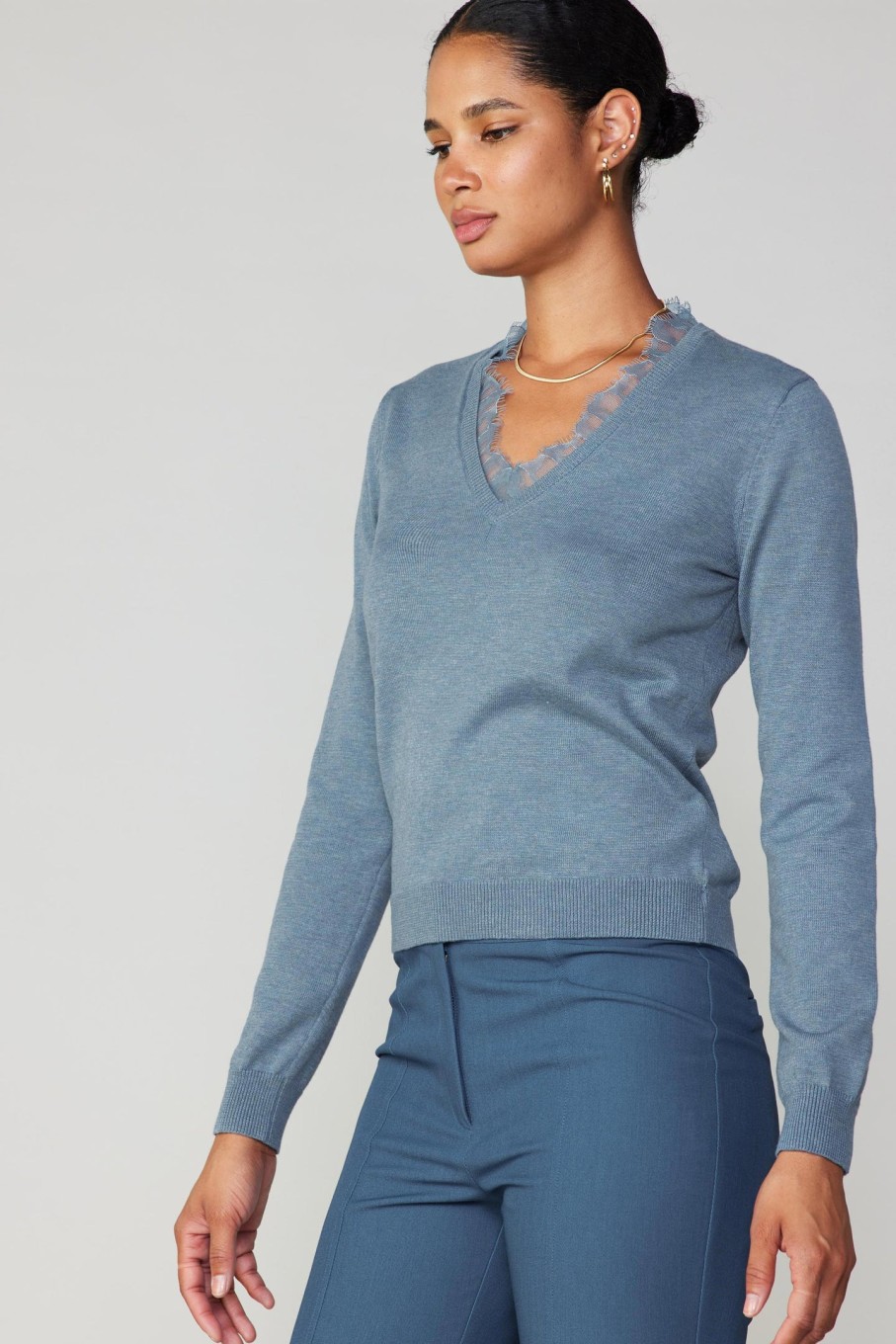 CURRENT AIR Lace Collar Sweater Top Knitwear