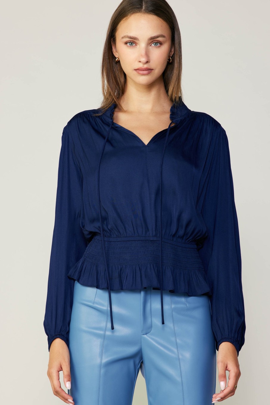 CURRENT AIR Peplum Collared Blouse Long Sleeve Tops