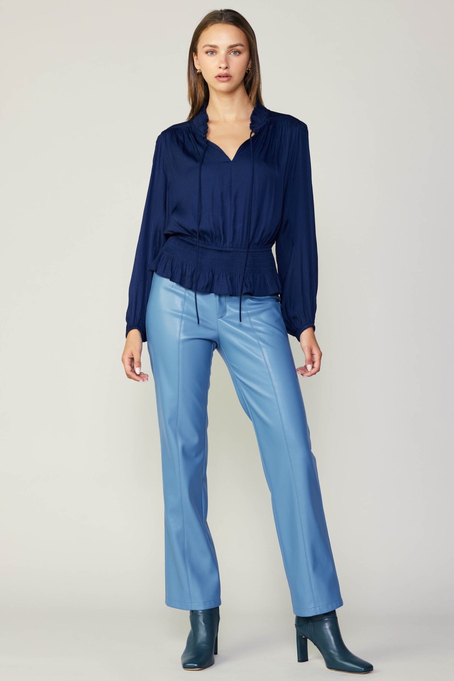 CURRENT AIR Peplum Collared Blouse Long Sleeve Tops