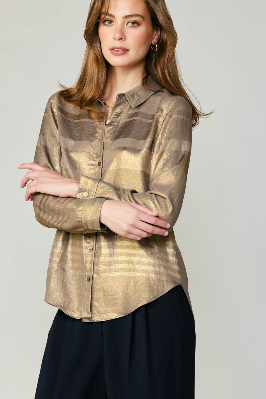 CURRENT AIR Metallic Buttonup Shirt Long Sleeve Tops