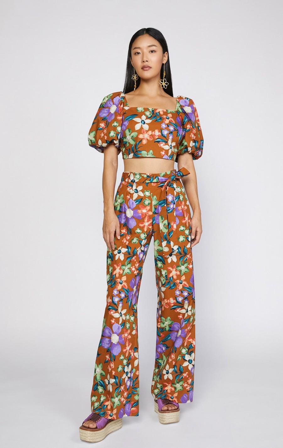 CURRENT AIR Floral Puffed Sleeve Crop Top Sleeveless Tops