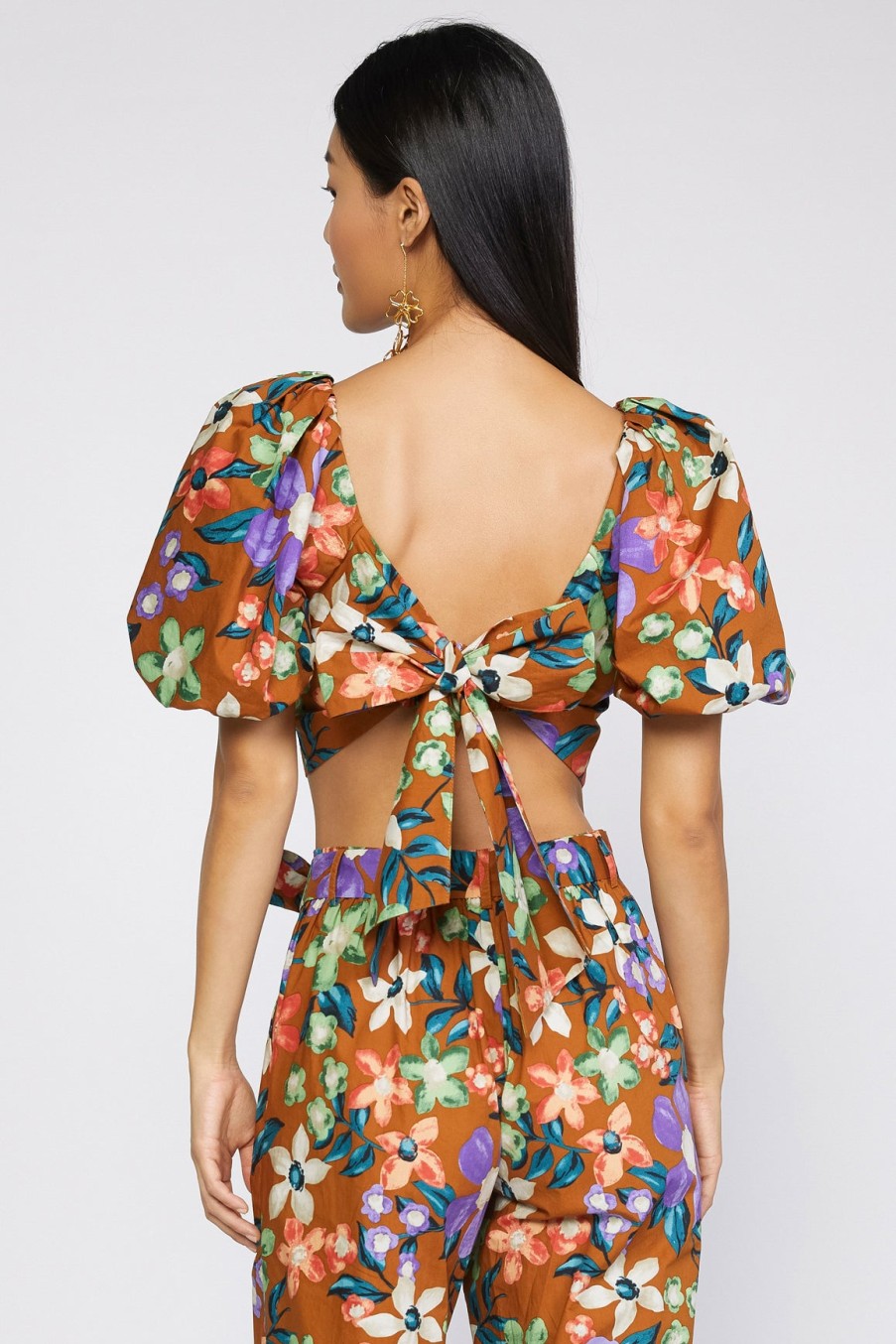 CURRENT AIR Floral Puffed Sleeve Crop Top Sleeveless Tops