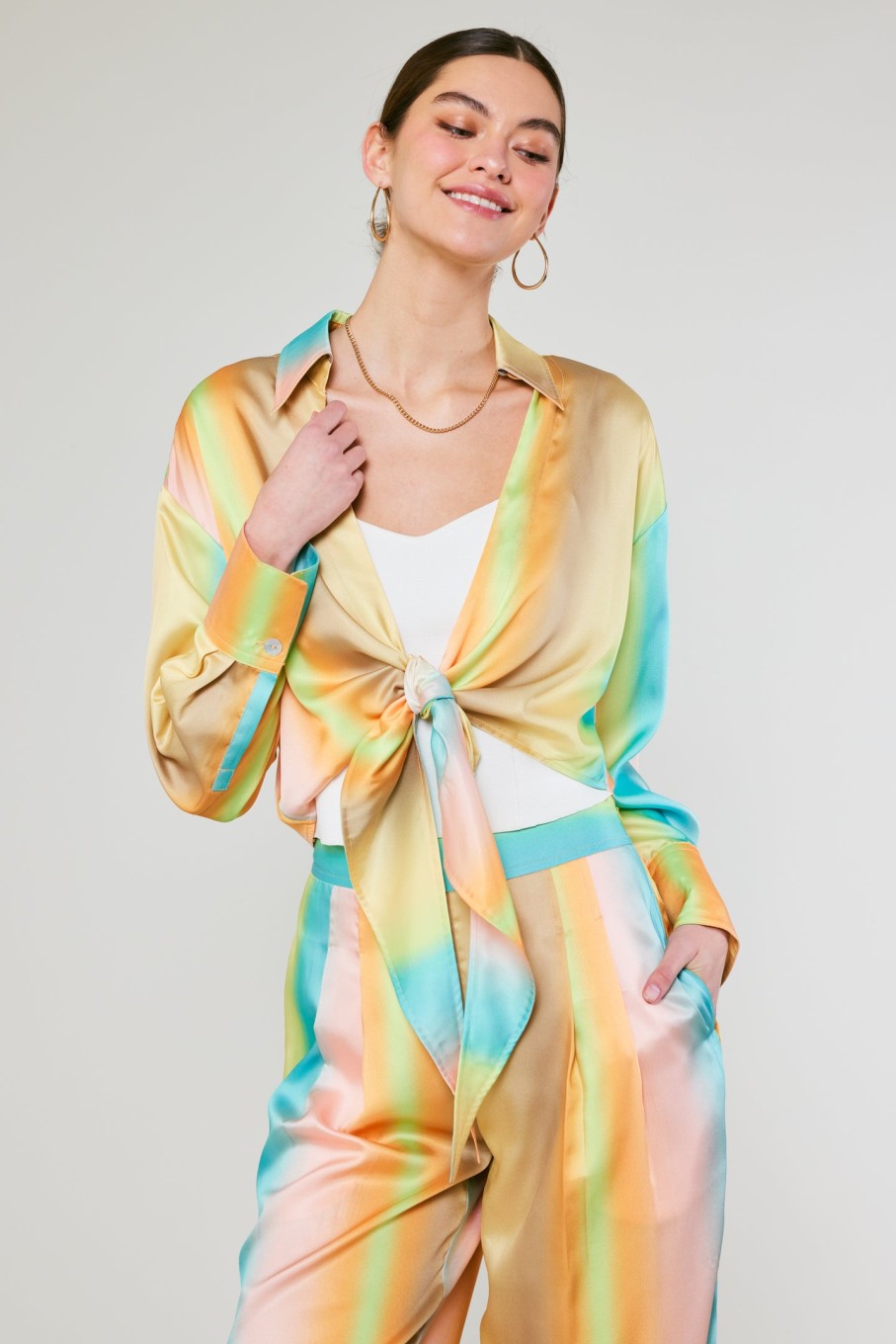 CURRENT AIR Prismatic Gradient Front Tie Shirt Long Sleeve Tops