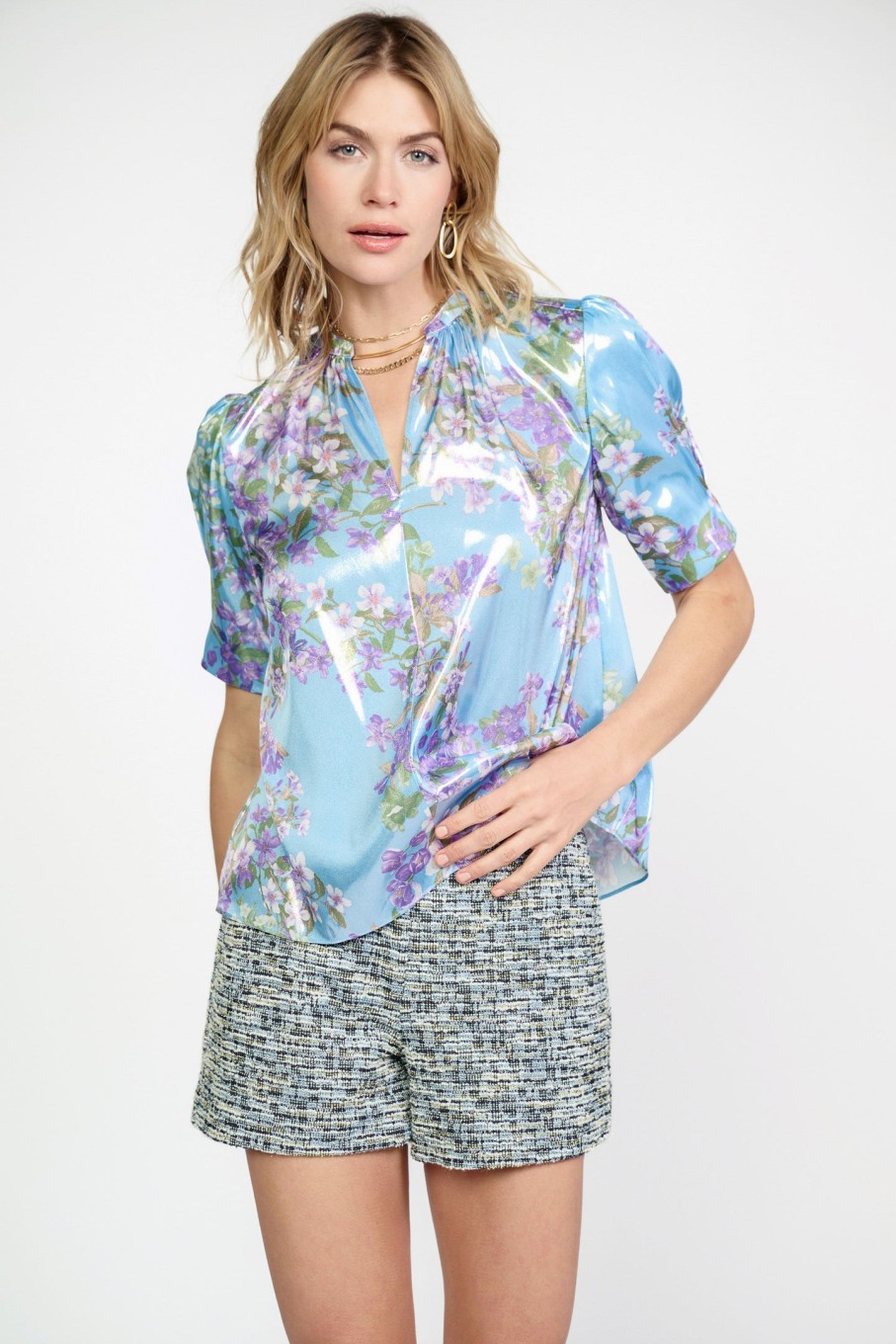 CURRENT AIR Metallic Botanical Print Top Short Sleeve Tops