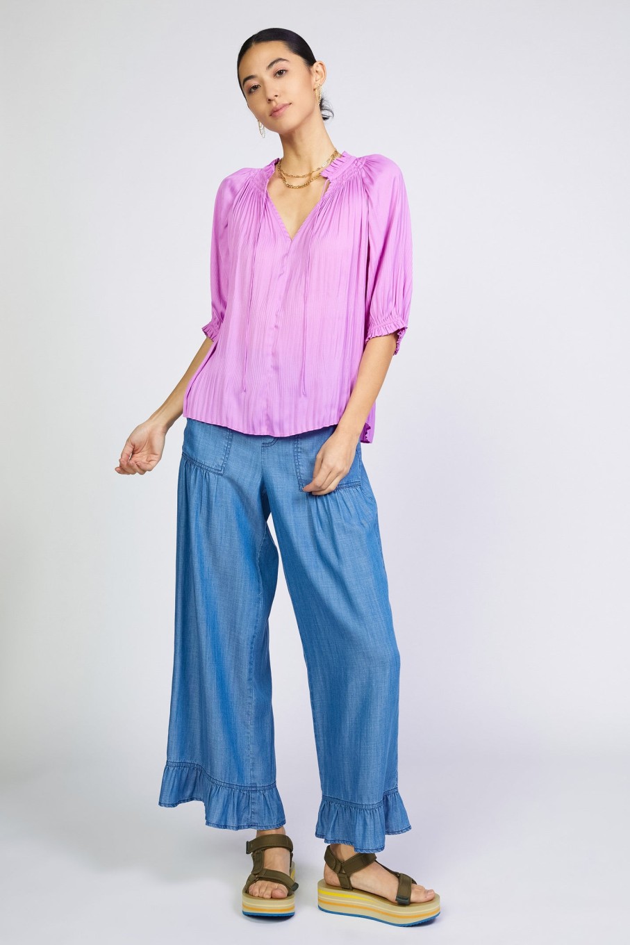 CURRENT AIR Angelica Pleated Blouse Short Sleeve Tops
