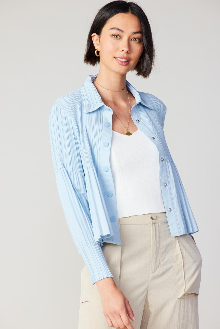 CURRENT AIR Button Down Pleated Top Long Sleeve Tops