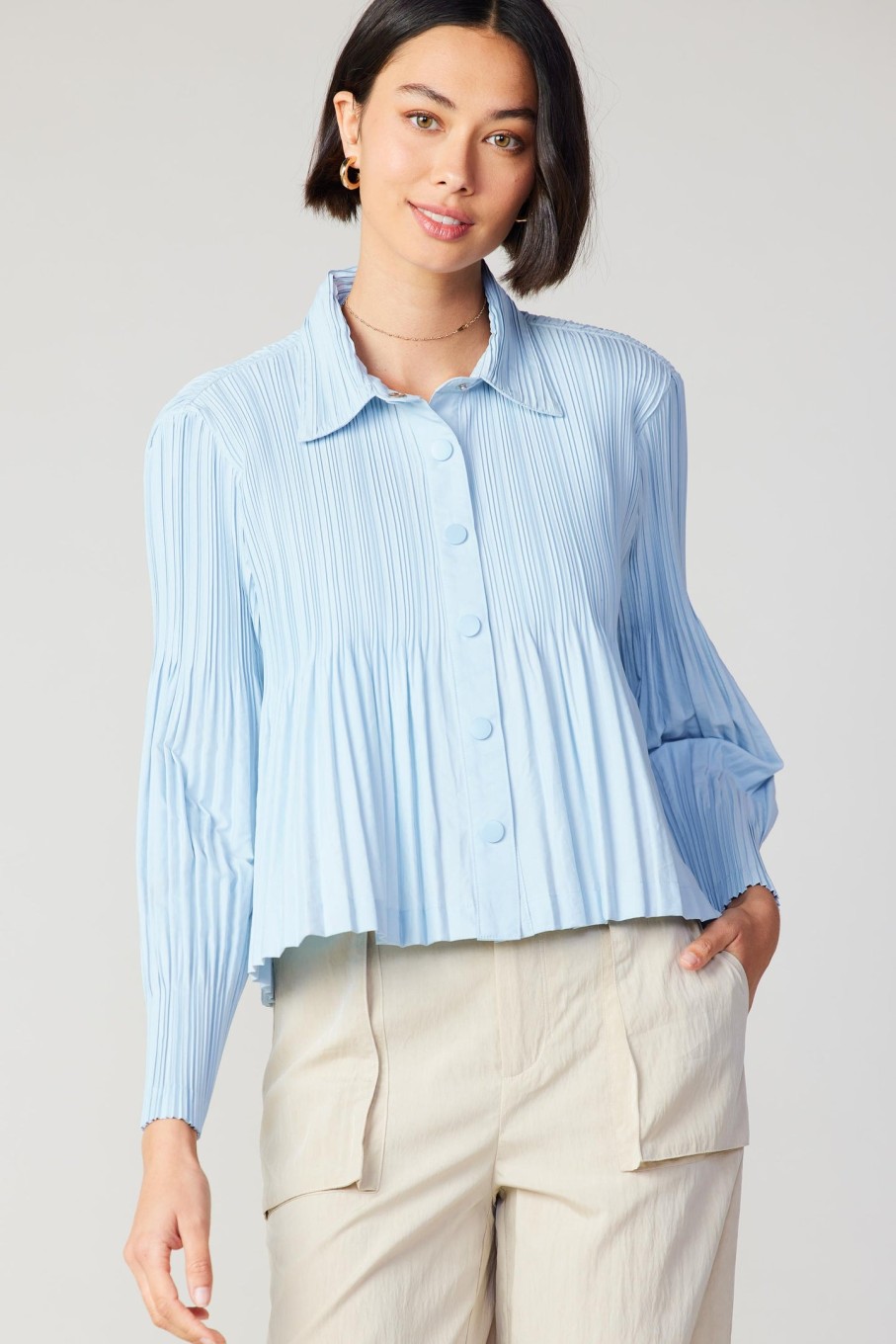 CURRENT AIR Button Down Pleated Top Long Sleeve Tops