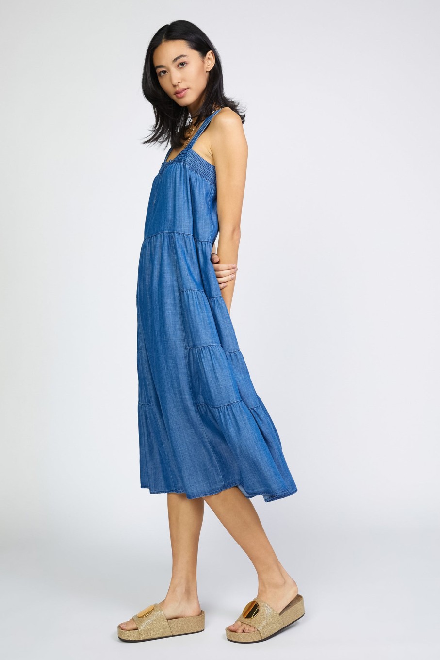 CURRENT AIR Chambray Tiered Midi Dress Midi Dresses